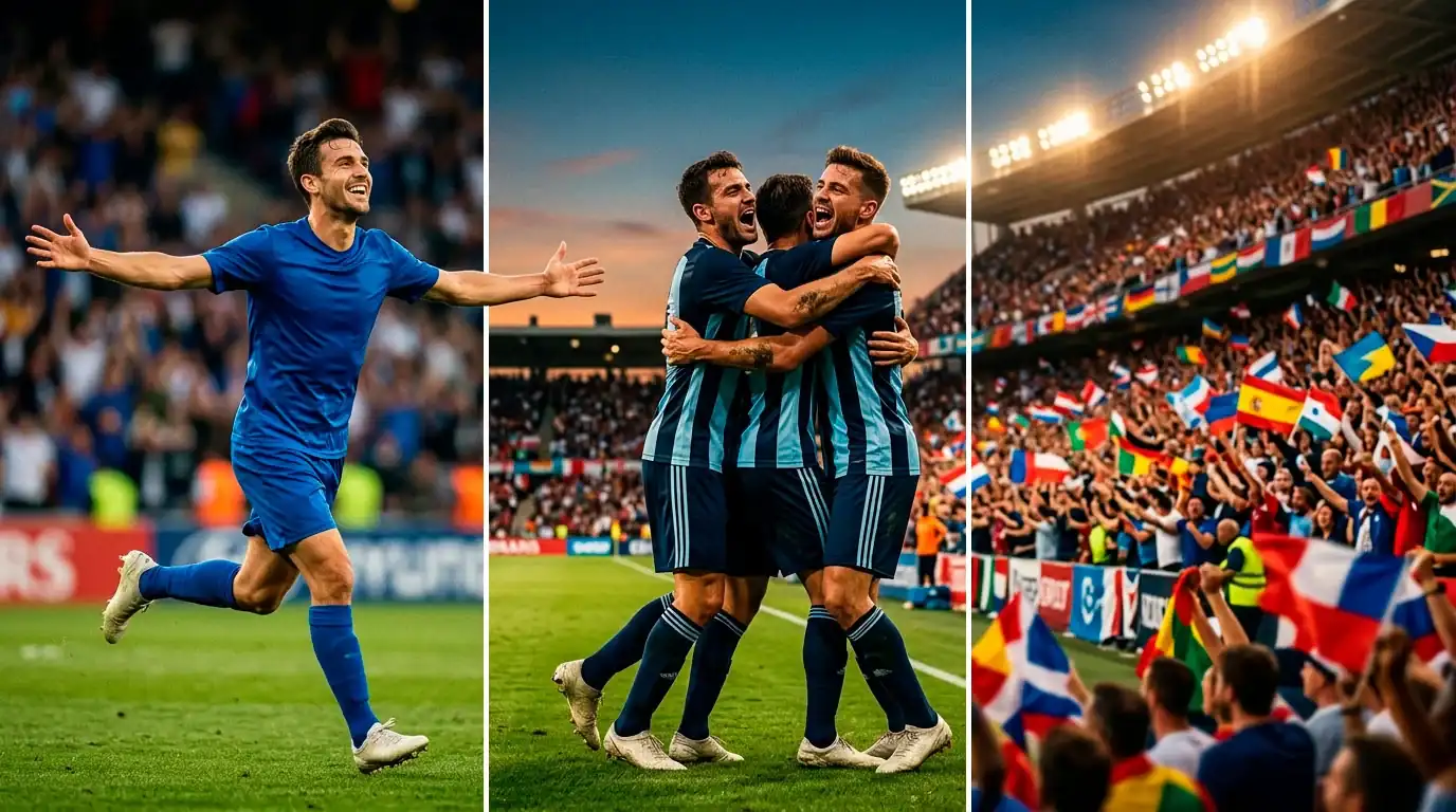 Montage of 26 June World Cup matchday — France celebrating, Cape Verde players embracing, a packed open-air stadium at dusk