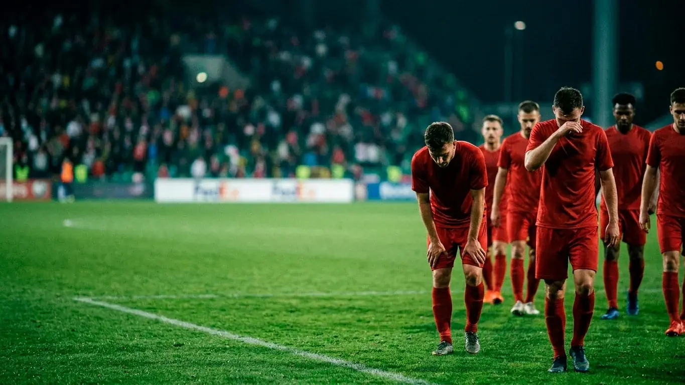 Spain players walking off after a narrow win, body language flat under stadium floodlights