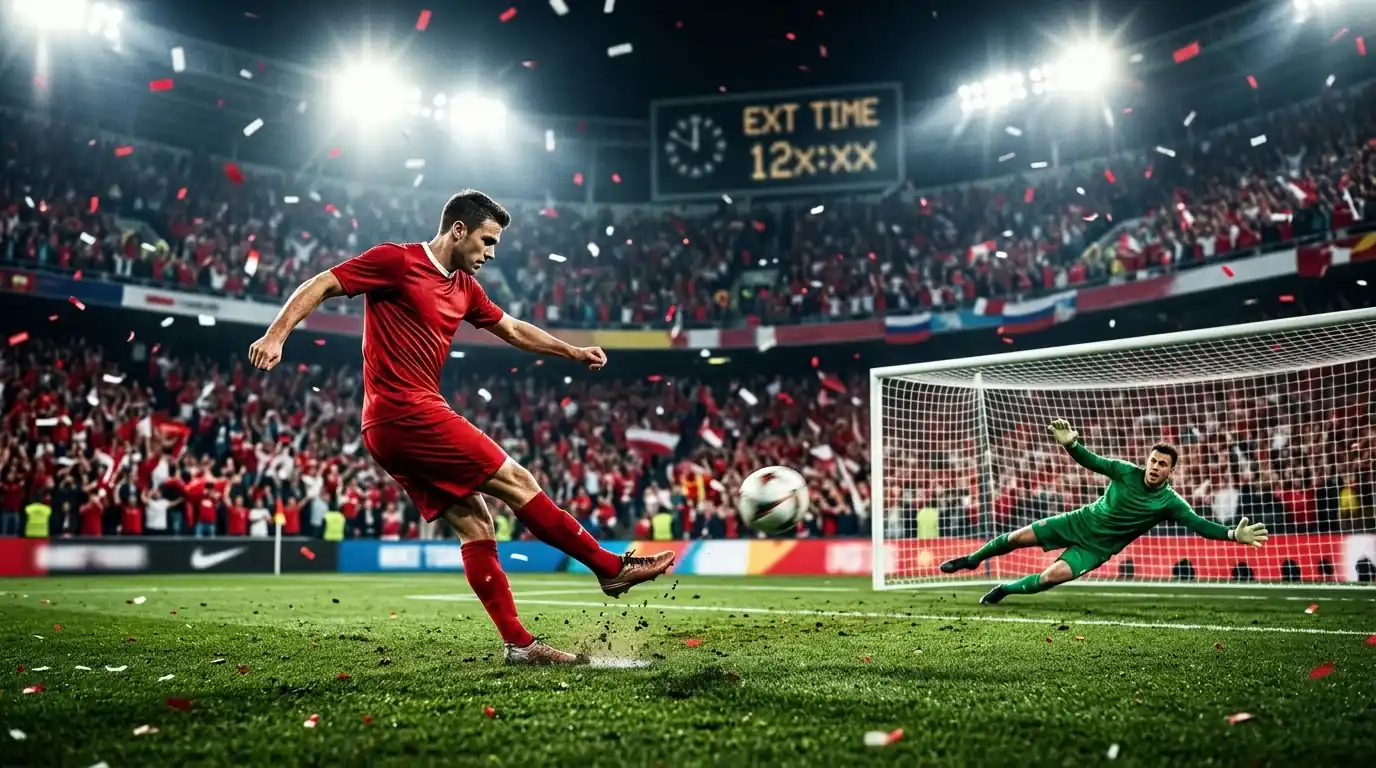 A penalty taker striking the ball in a near-empty penalty area, goalkeeper diving the wrong way, the scoreboard clock showing deep into extra time — the stadium erupting