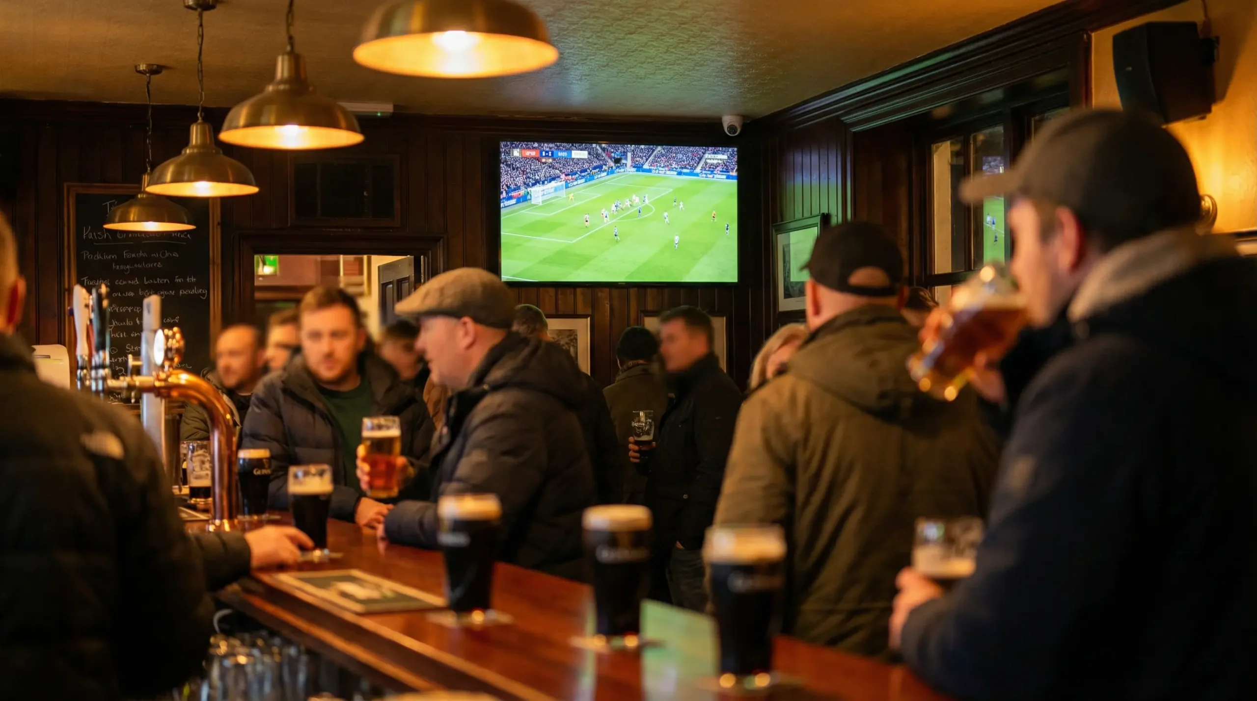 Irish pub with football supporters watching a World Cup 2026 match on large screen with bookmaker odds displayed