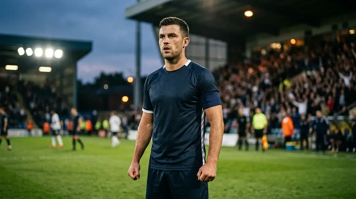A close-up editorial photograph of a football captain's arm wearing a plain captain's armband, fists clenched at his sides before kick-off under stadium floodlights, blurred pitch and crowd behind