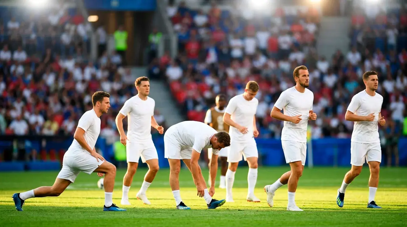 England players warming up under floodlights at a large open-air World Cup stadium, neutral crowd in soft focus