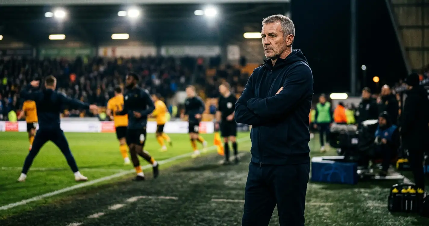 A tactical, close-up view of a football coach on the touchline in a dark tracksuit, arms folded, watching intently under stadium floodlights, players warming up out of focus behind him