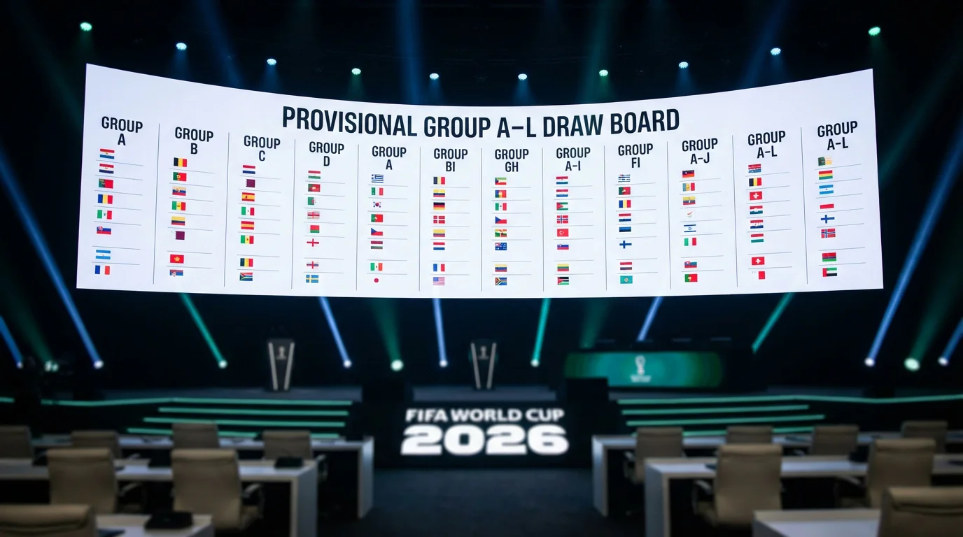 World Cup 2026 group stage draw board showing all 12 groups with team flags on a stadium screen