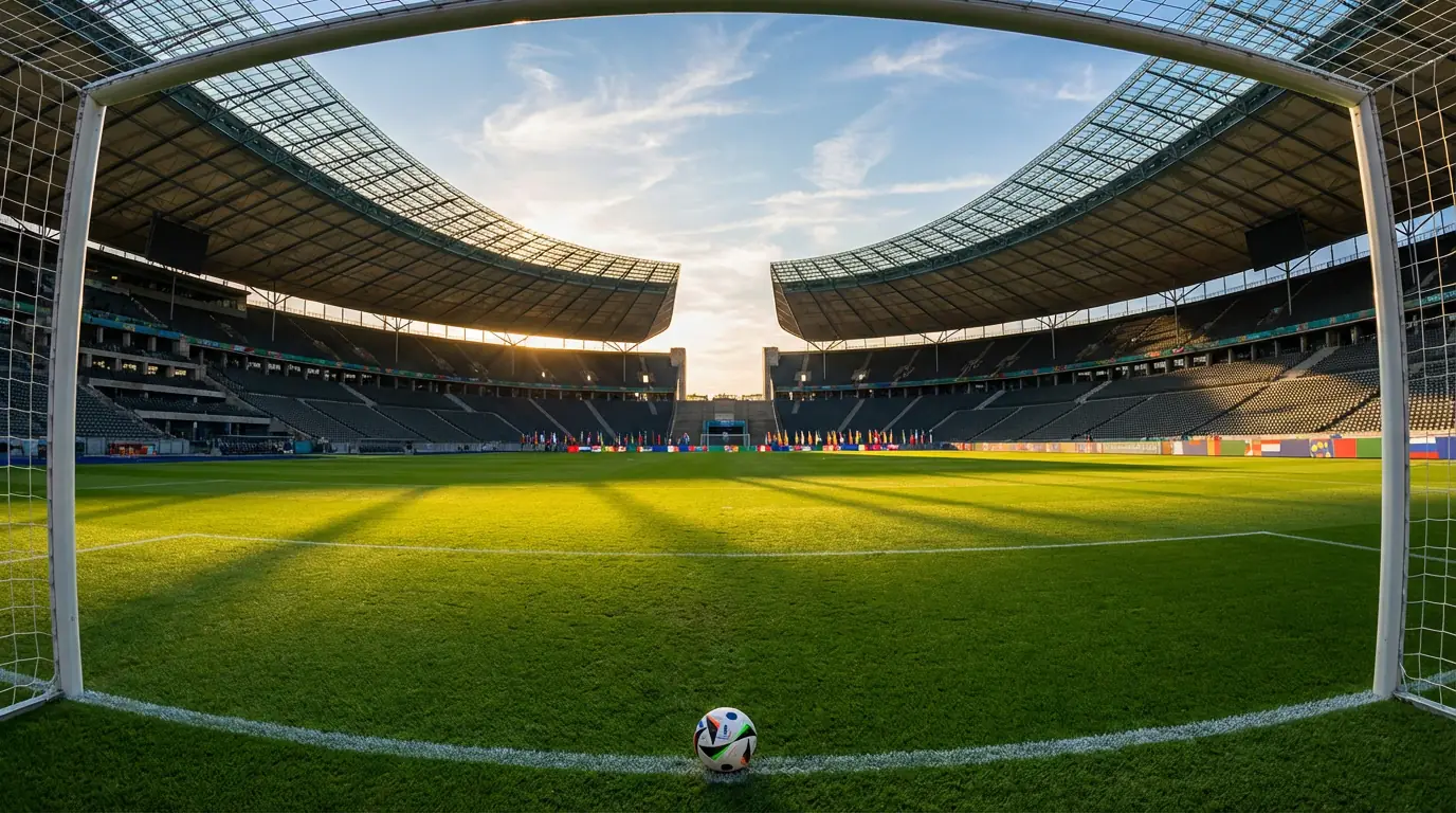 FIFA World Cup 2026 stadium pitch with national team flags and match ball at centre circle
