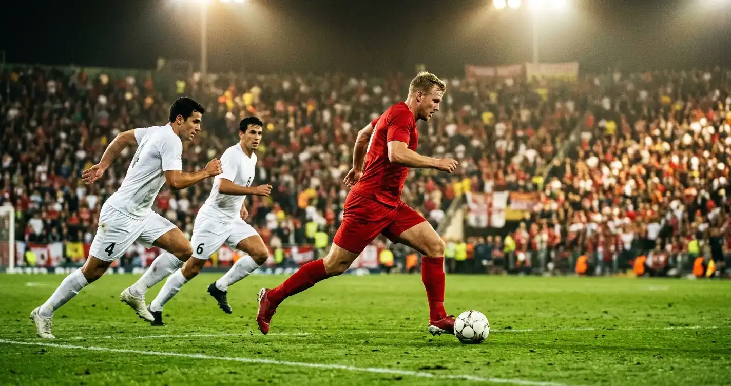 A powerful striker in a red shirt bearing down on goal under floodlights while defenders in white chase back, a packed humid stadium glowing behind them