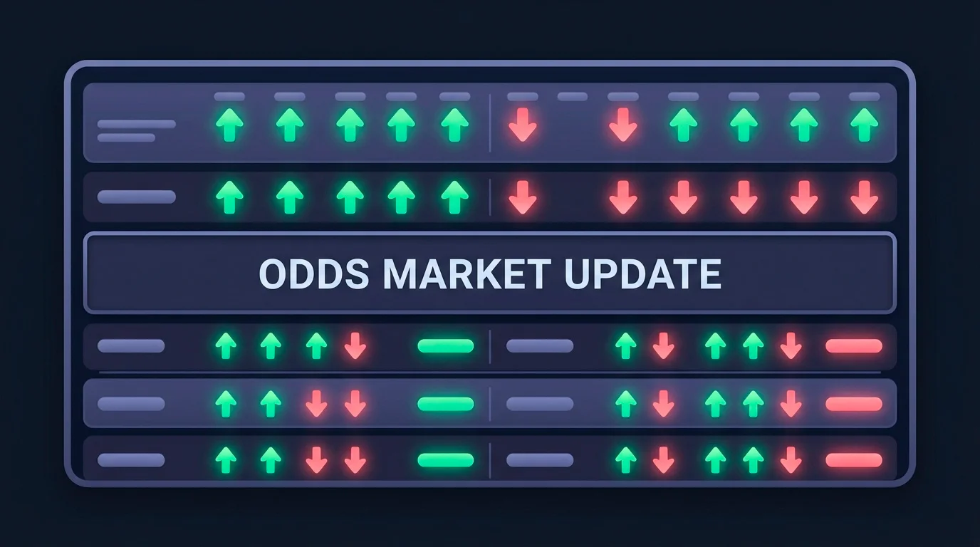 A stylised odds board showing rising and falling price arrows against a dark background