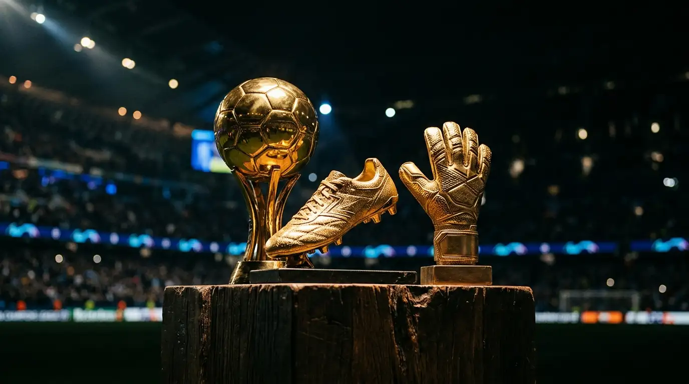 Individual football award trophies under focused spotlights in a darkened arena