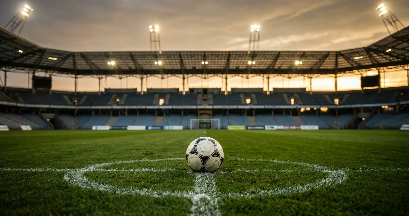 A single football resting on the centre spot of a floodlit pitch before kick-off, with an empty stadium and warm evening light behind it
