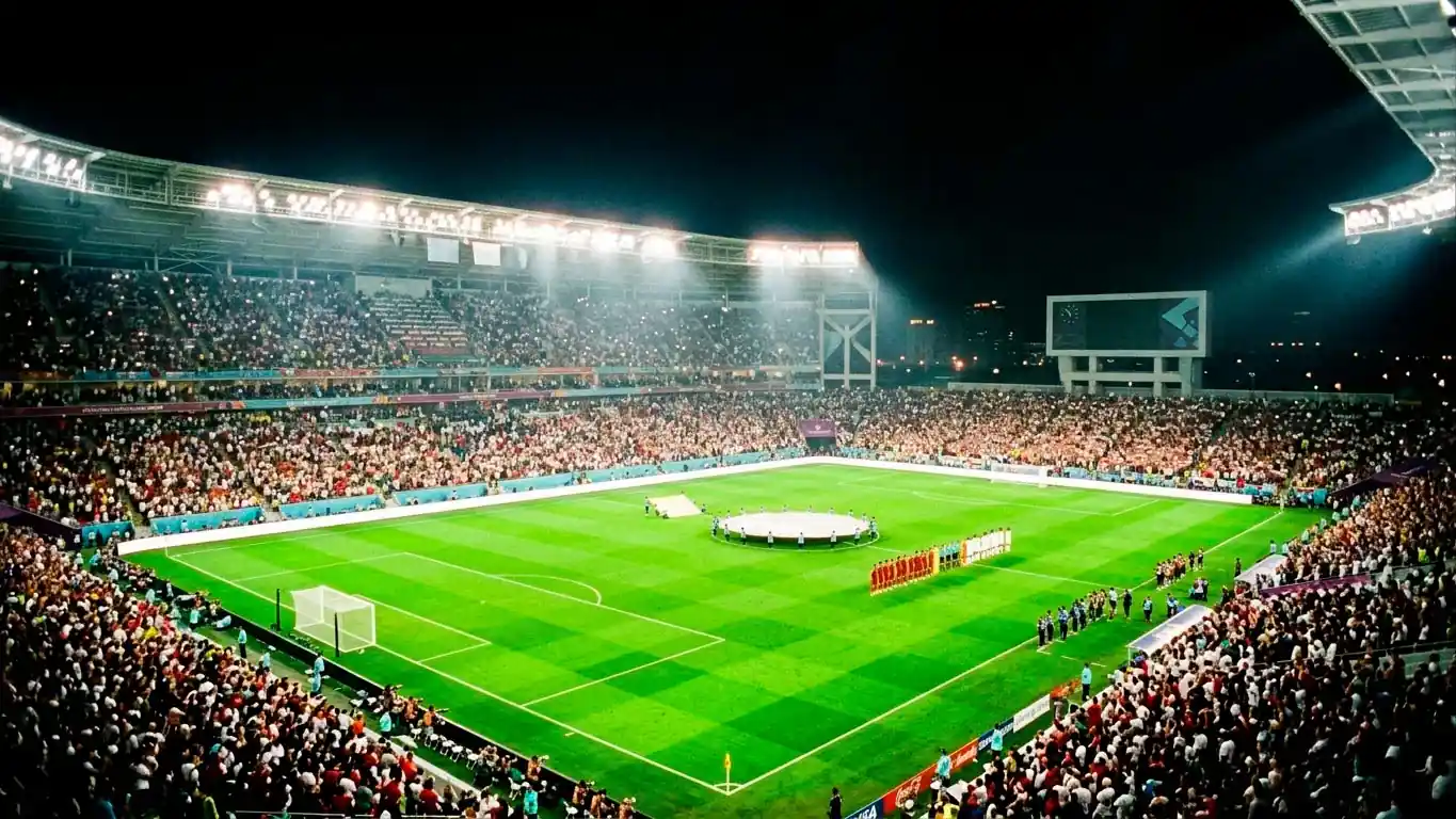 A floodlit open-air World Cup stadium at night, packed stands, the pitch bright green under the lights