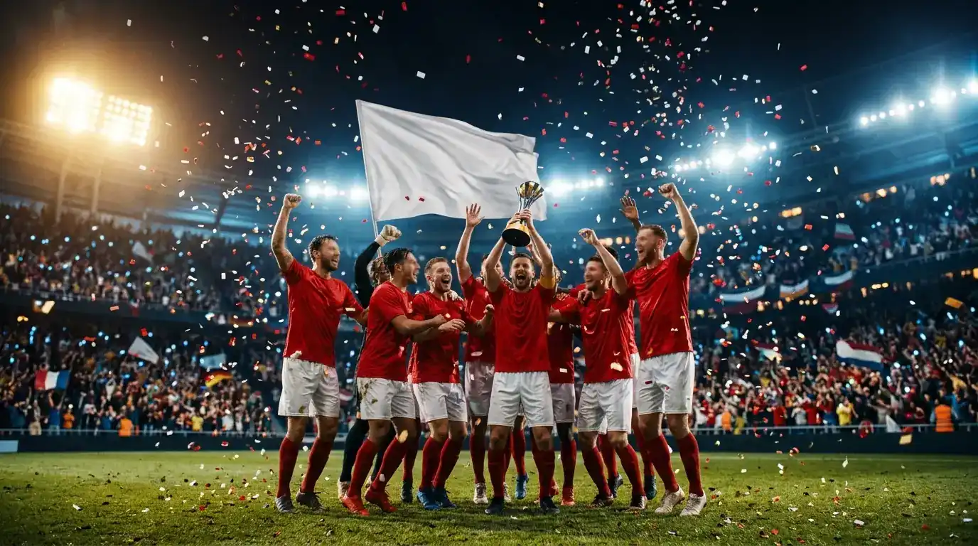 Footballers in red shirts celebrating a world title under stadium floodlights