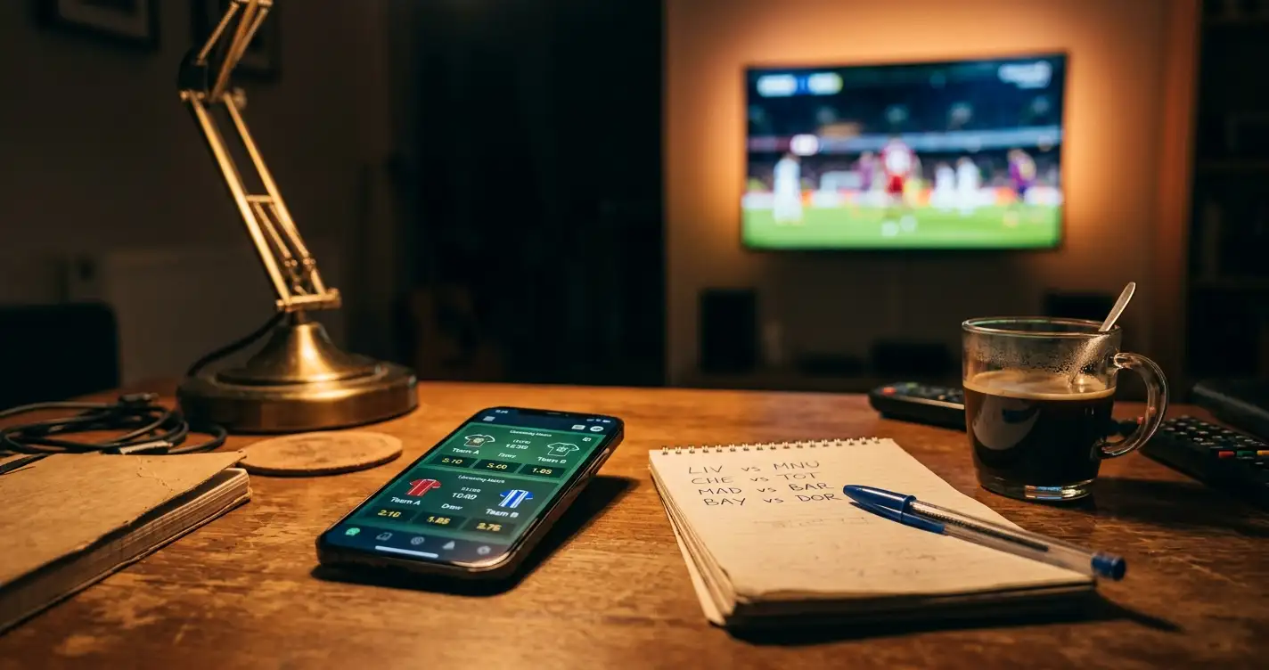 A betting desk before a big World Cup night — a phone showing football odds, a notepad with four ties scribbled down, a coffee going cold under warm lamplight